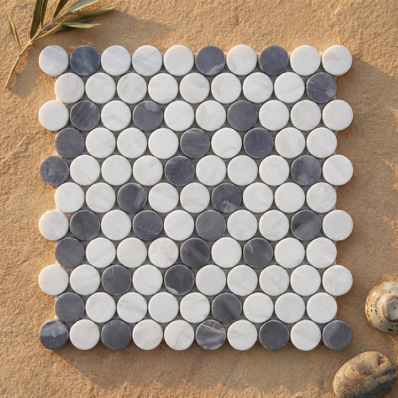 Thassos White (Greek) Marble Polished Penny-Round Mosaic (Carrara + Thassos + Blue-Gray)