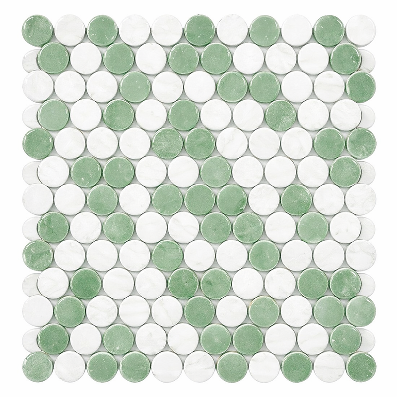 Thassos White (Greek) Marble Polished Penny-Round Mosaic (Carrara + Thassos + Ming Green)