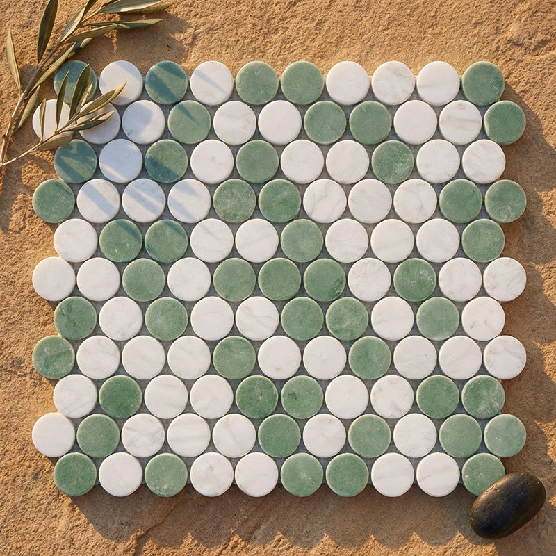 Thassos White (Greek) Marble Polished Penny-Round Mosaic (Carrara + Thassos + Ming Green)