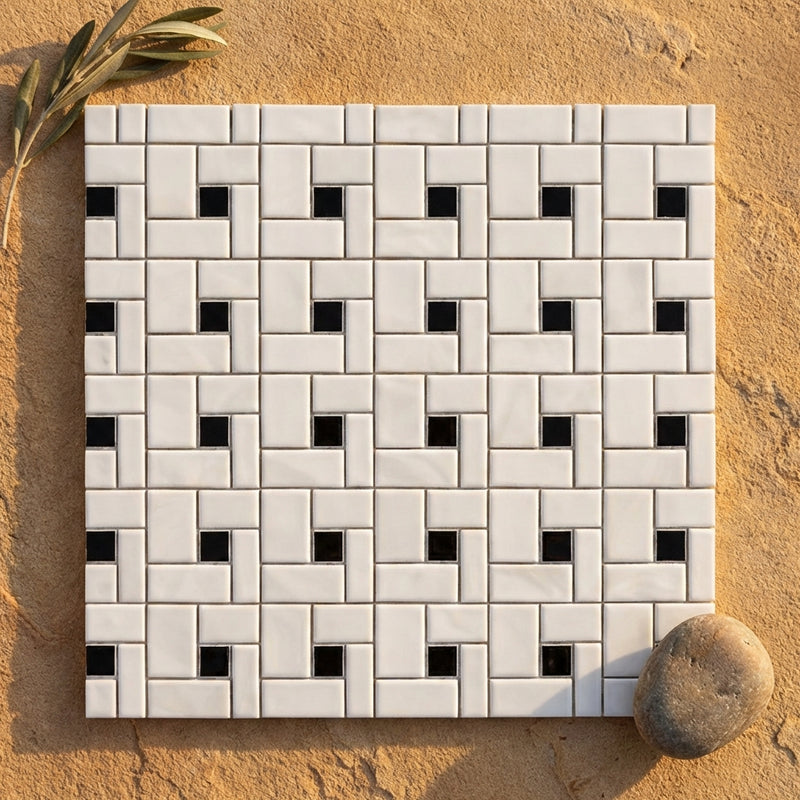 Thassos White (Greek) Marble Polished Pinwheel Mosaic (w/ Black)