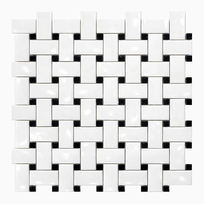 Thassos White (Greek) Marble Polished Basketweave Mosaic (w/ Black)