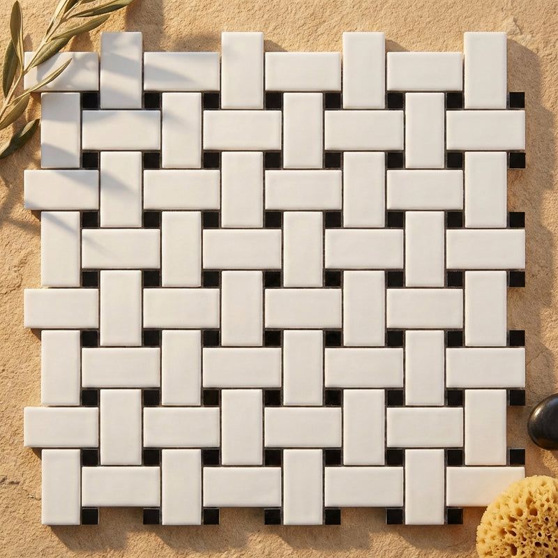 Thassos White (Greek) Marble Polished Basketweave Mosaic (w/ Black)