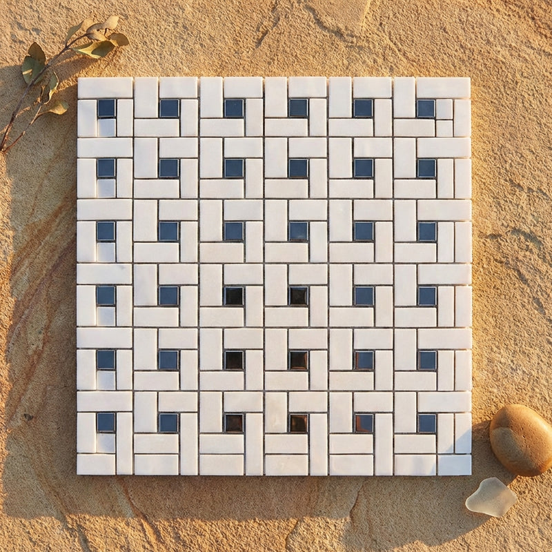 Thassos White (Greek) Marble Polished Pinwheel Mosaic (w/ Blue-Gray)
