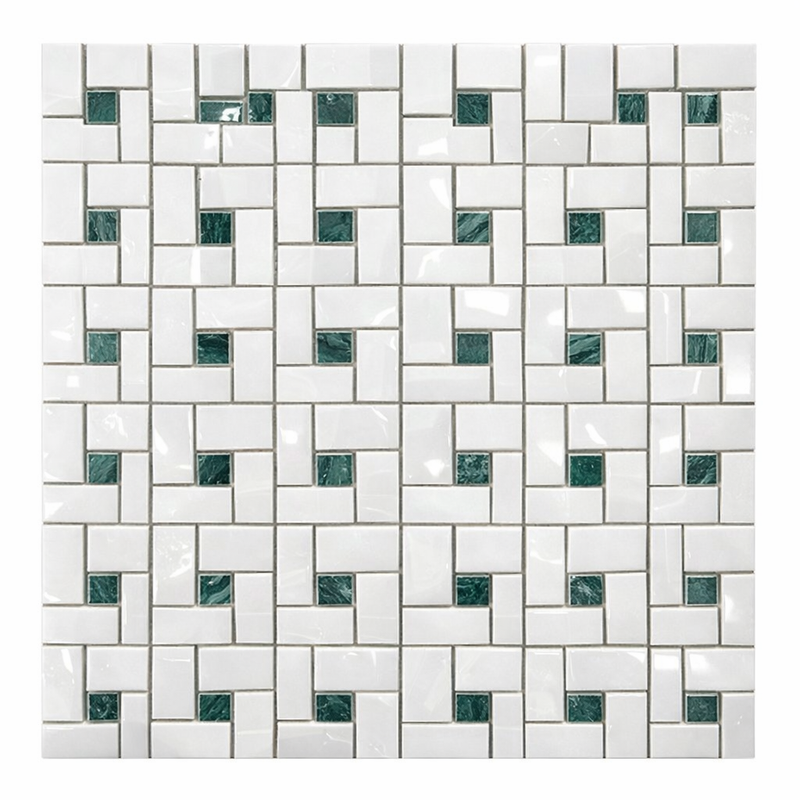 Thassos White (Greek) Marble Polished Pinwheel Mosaic (w/ Ming Green)