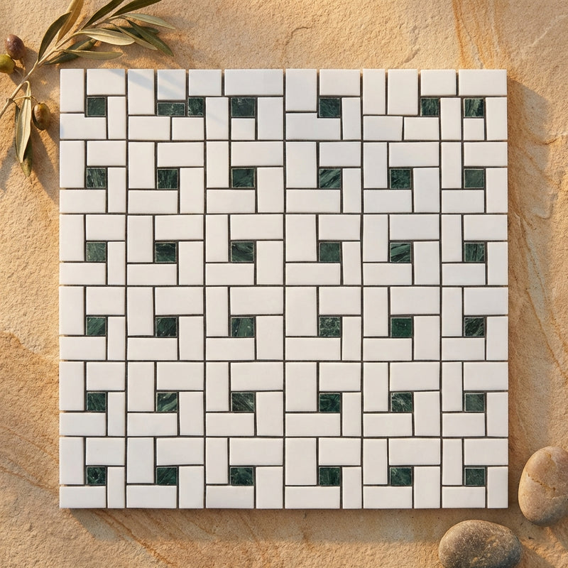 Thassos White (Greek) Marble Polished Pinwheel Mosaic (w/ Ming Green)