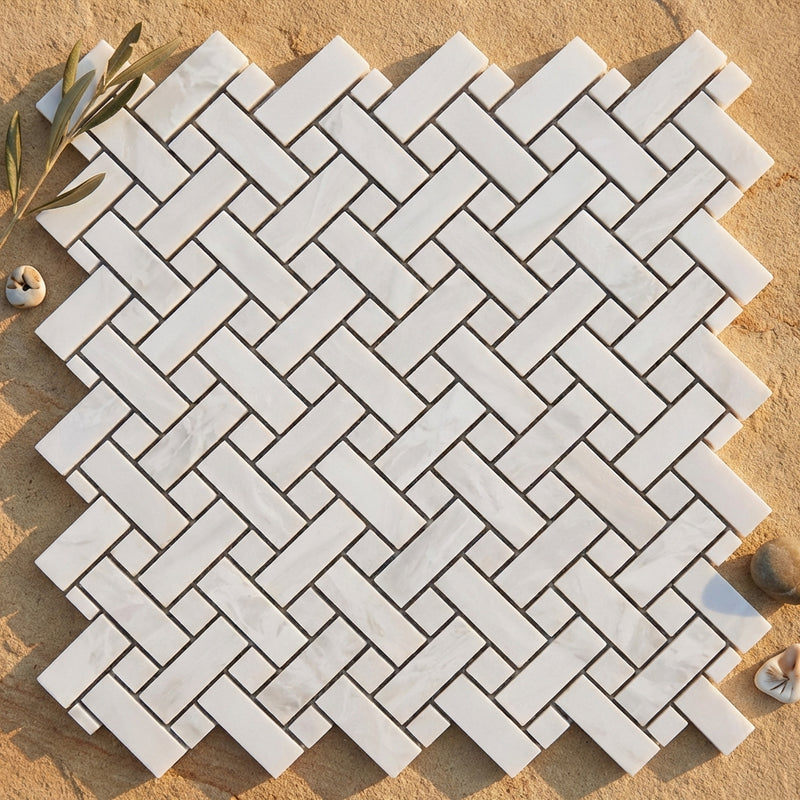 Thassos White (Greek) Marble Polished Stanza Mosaic (w/ Blue-Gray)