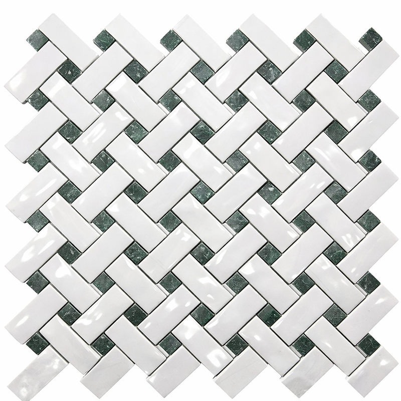 Thassos White (Greek) Marble Polished Stanza Mosaic (w/ Ming Green)