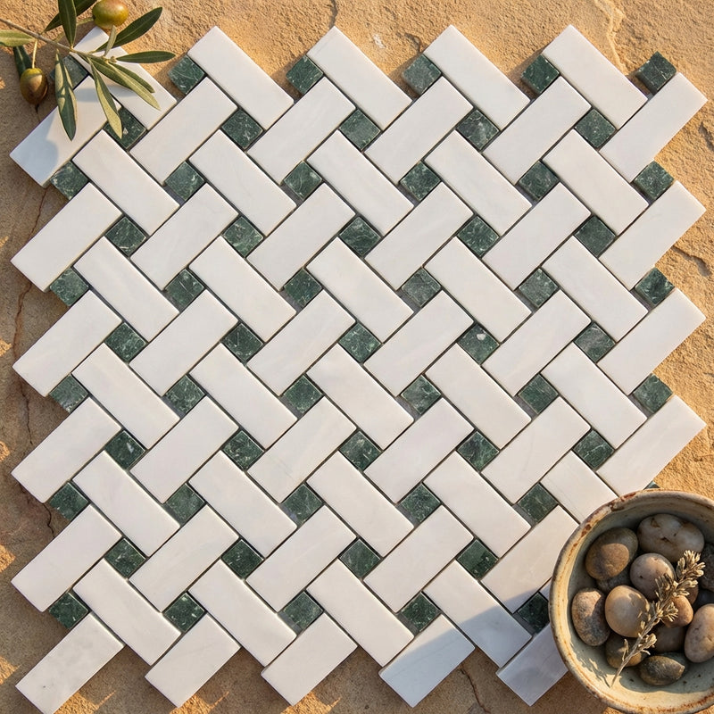 Thassos White (Greek) Marble Polished Stanza Mosaic (w/ Ming Green)