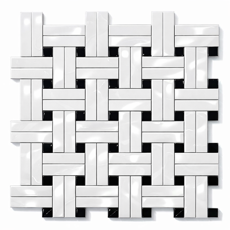 Thassos White (Greek) Marble Polished Mosaic Triple-Weave (w/ Black)