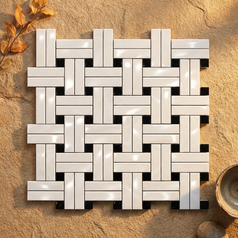 Thassos White (Greek) Marble Polished Mosaic Triple-Weave (w/ Black)
