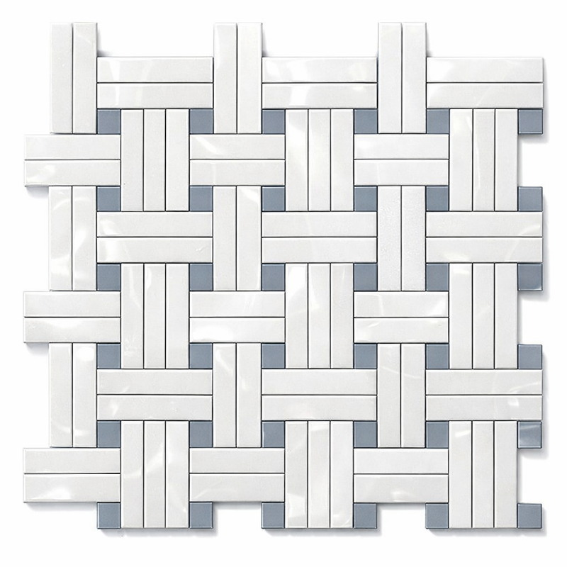 Thassos White (Greek) Marble Polished Mosaic Triple-Weave (w/ Blue-Gray)