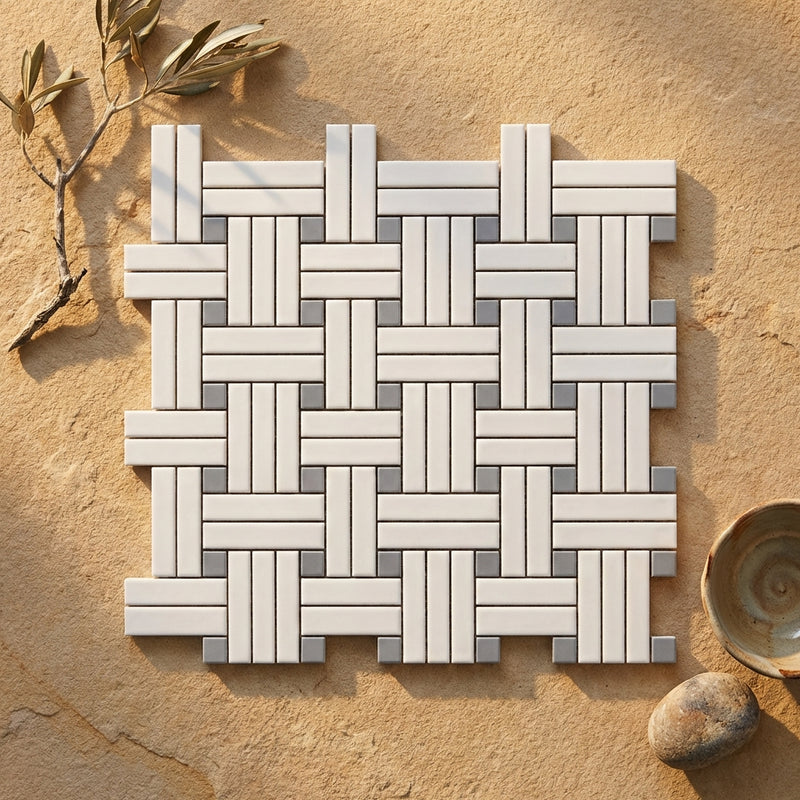 Thassos White (Greek) Marble Polished Mosaic Triple-Weave (w/ Blue-Gray)