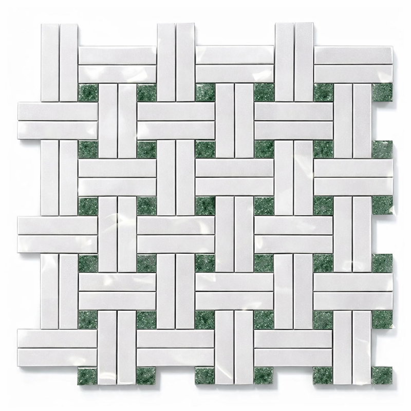Thassos White (Greek) Marble Polished Mosaic Triple-Weave (w/ Ming Green)