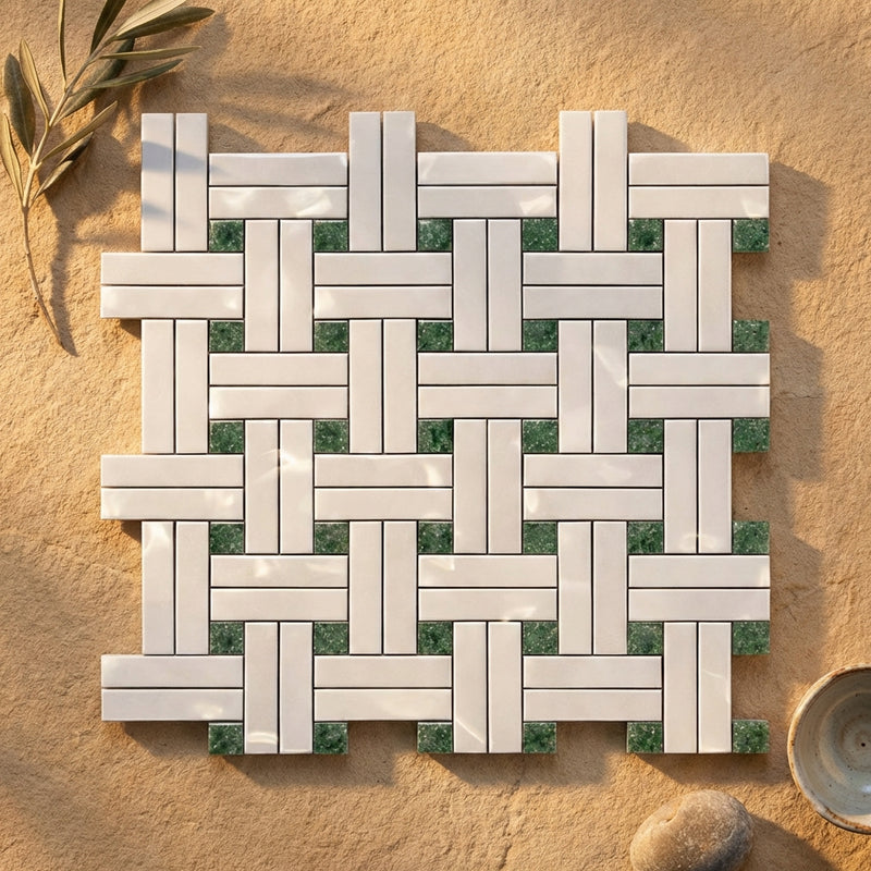 Thassos White (Greek) Marble Polished Mosaic Triple-Weave (w/ Ming Green)
