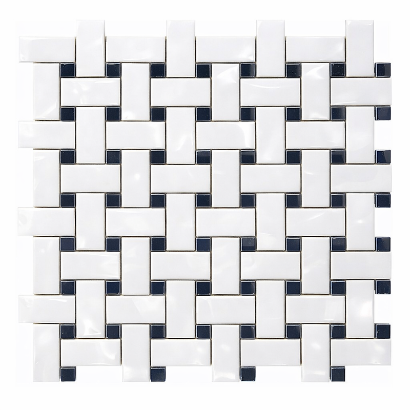 Thassos White (Greek) Marble Polished Basketweave Mosaic (w/ Blue-Gray)
