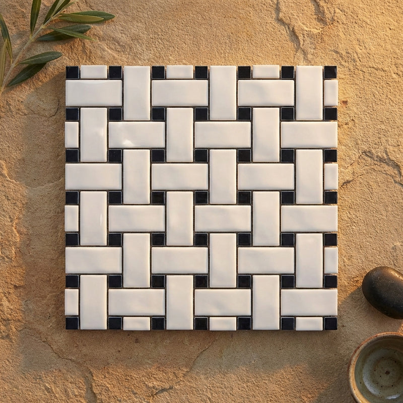 Thassos White (Greek) Marble Polished Basketweave Mosaic (w/ Blue-Gray)
