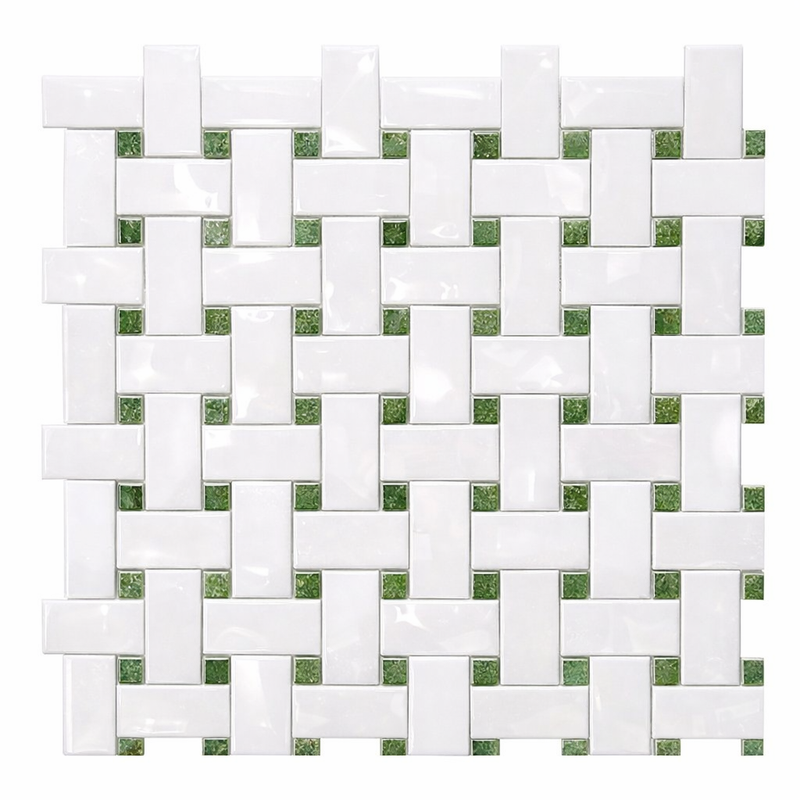 Thassos White (Greek) Marble Polished Basketweave Mosaic (w/ Ming Green)