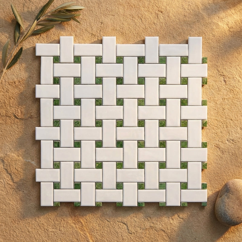 Thassos White (Greek) Marble Polished Basketweave Mosaic (w/ Ming Green)