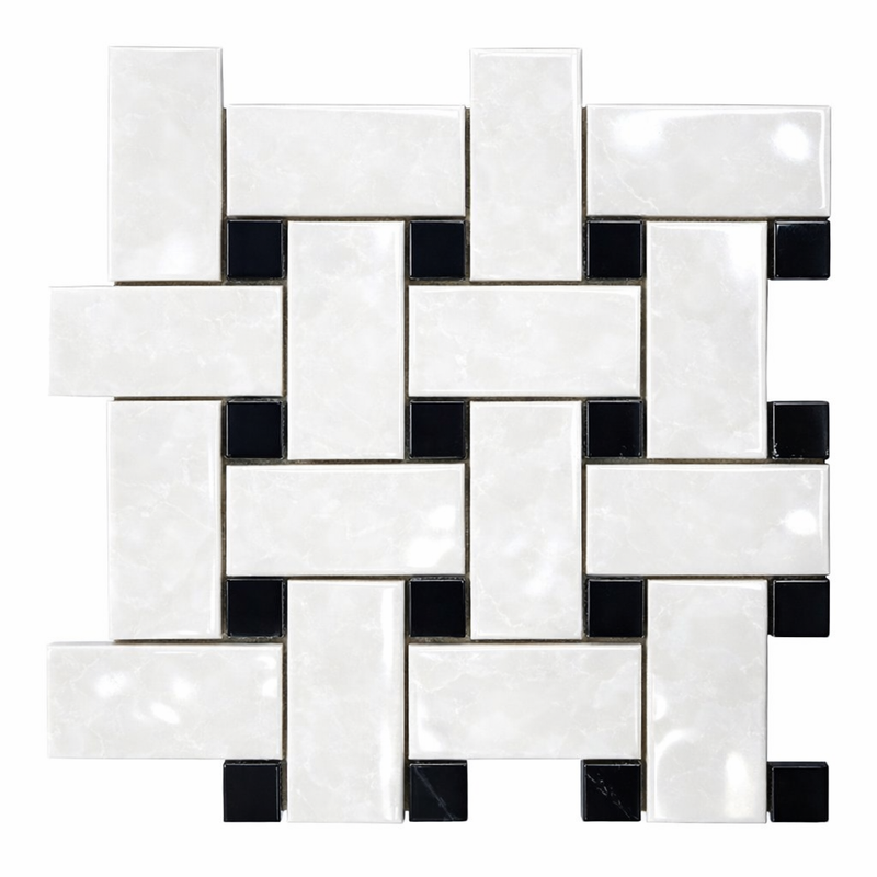 Thassos White (Greek) Marble Polished Basketweave Mosaic (w/ Black) - (LARGE)