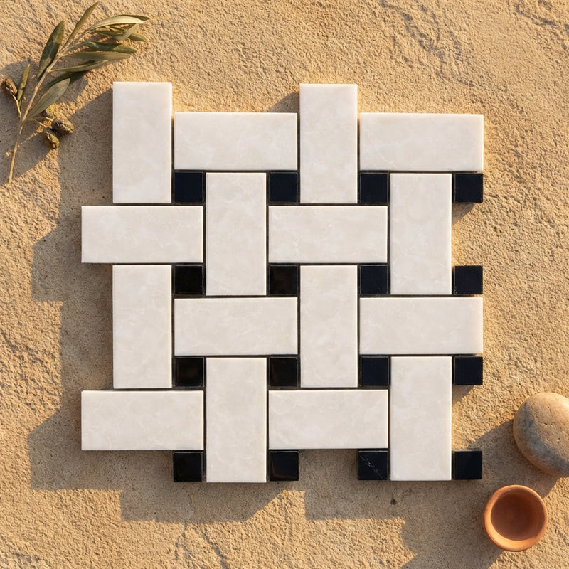 Thassos White (Greek) Marble Polished Basketweave Mosaic (w/ Black) - (LARGE)