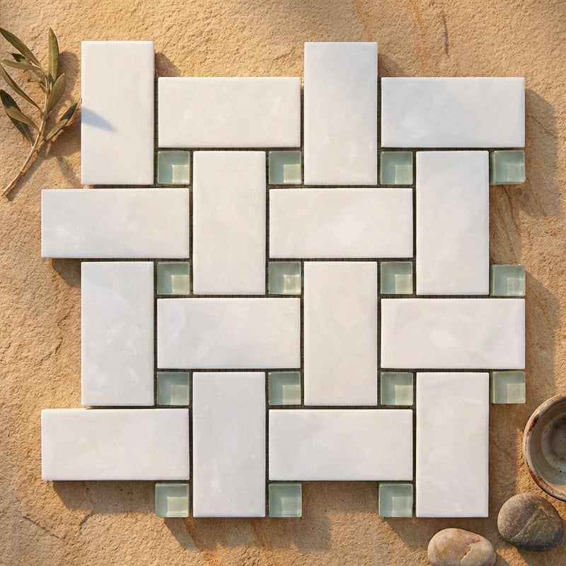 Thassos White (Greek) Marble Polished Basketweave Mosaic (w/ Blue-Gray) - (LARGE)