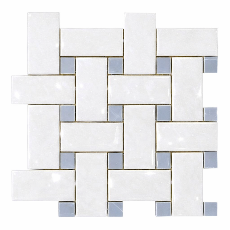 Thassos White (Greek) Marble Polished Basketweave Mosaic (w/ Ming-Green) - (LARGE)