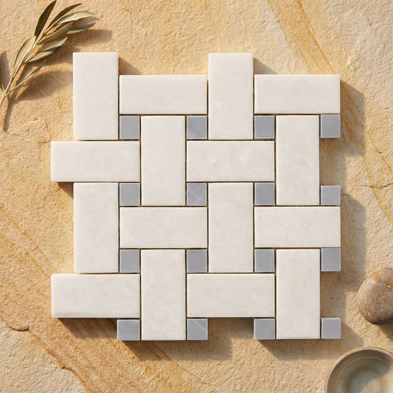 Thassos White (Greek) Marble Polished Basketweave Mosaic (w/ Ming-Green) - (LARGE)