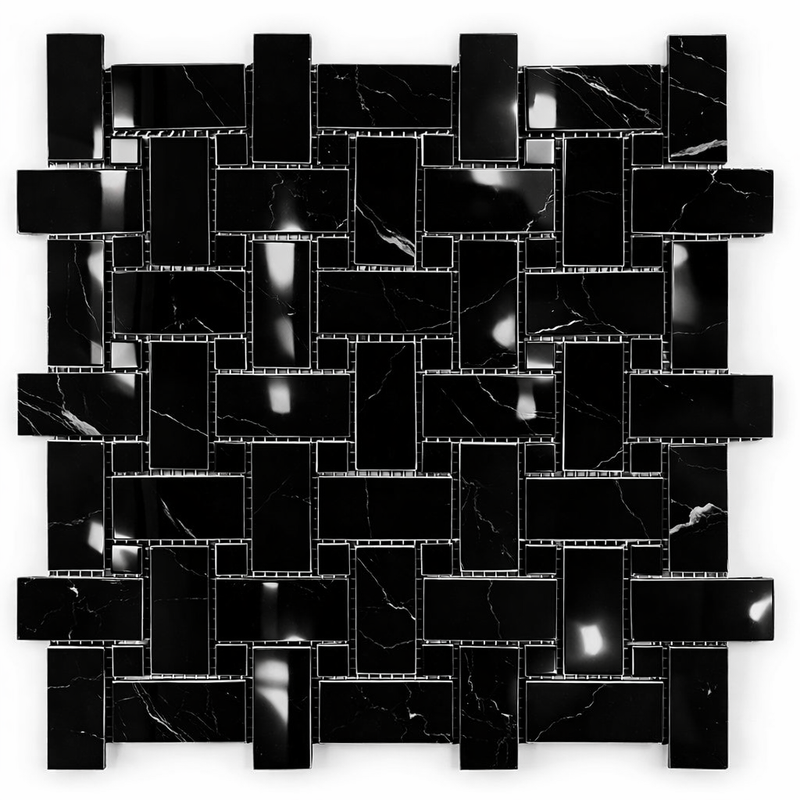 Nero Marquina (Black) Marble Polished Basketweave Mosaic w/ White Dots