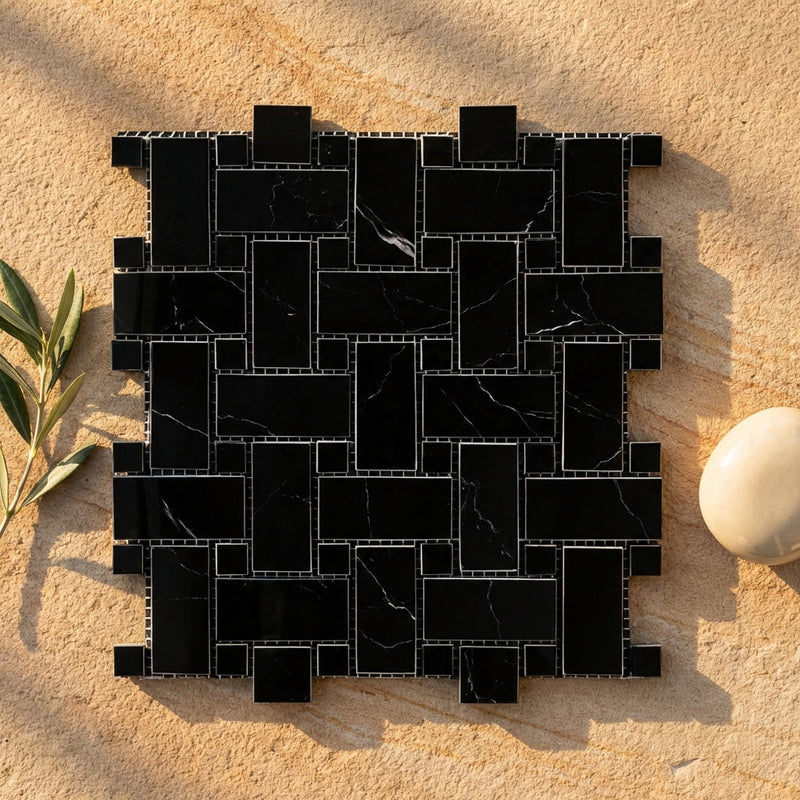 Nero Marquina (Black) Marble Polished Basketweave Mosaic w/ White Dots