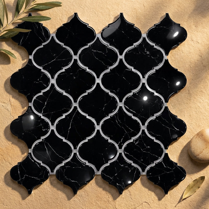 Nero Marquina (Black) Marble Polished Lantern Mosaic (3") (Arabesque / Moroccan / Baroque)