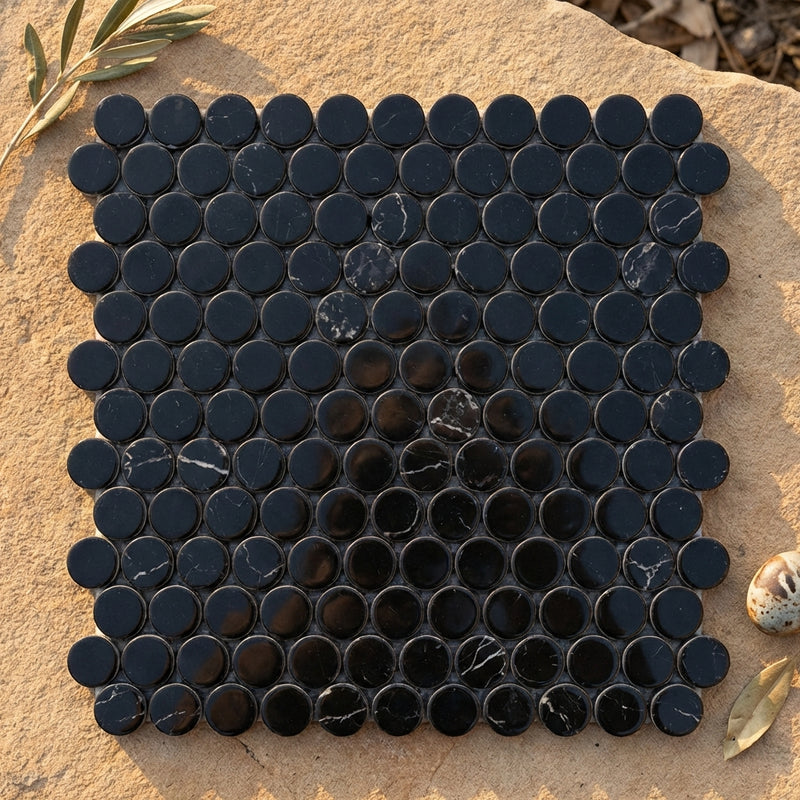 Nero Marquina (Black) Marble Polished Penny-Round Mosaic