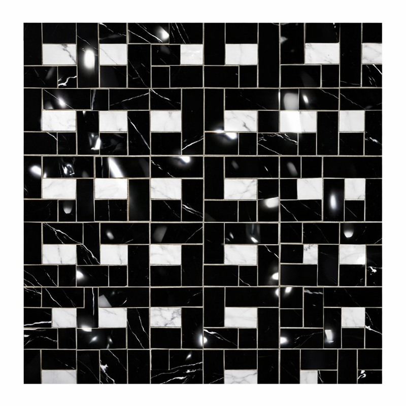 Nero Marquina (Black) Marble Polished Pinwheel Mosaic Pinwheel (Mini) Mosaic w/ White Dots