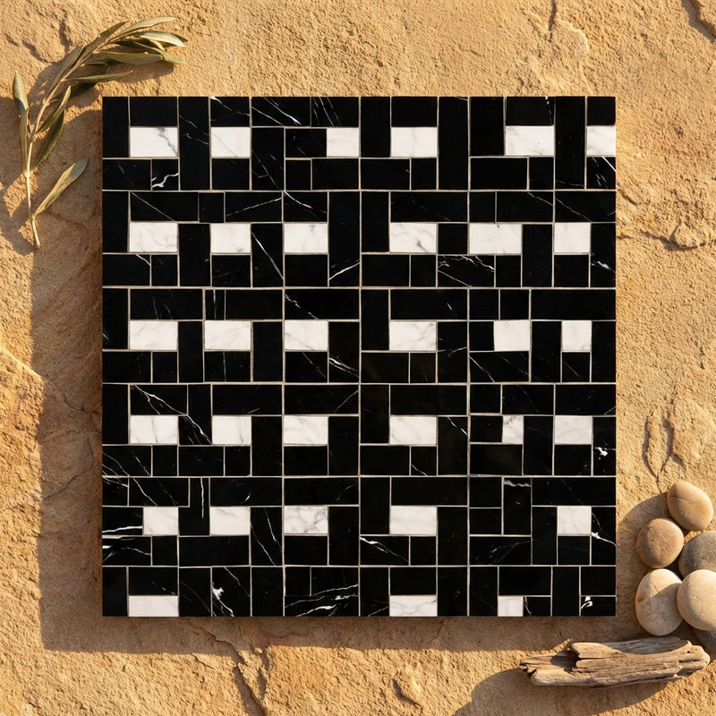 Nero Marquina (Black) Marble Polished Pinwheel Mosaic Pinwheel (Mini) Mosaic w/ White Dots