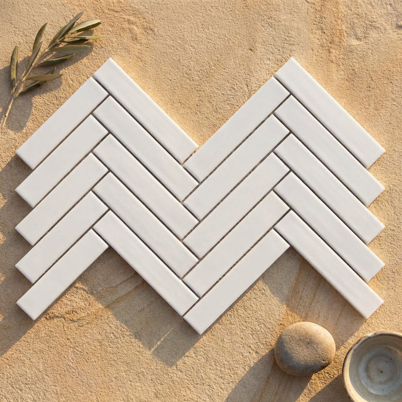 Bianco Dolomiti (White Dolomite) 1x6 Polished Herringbone Mosaic