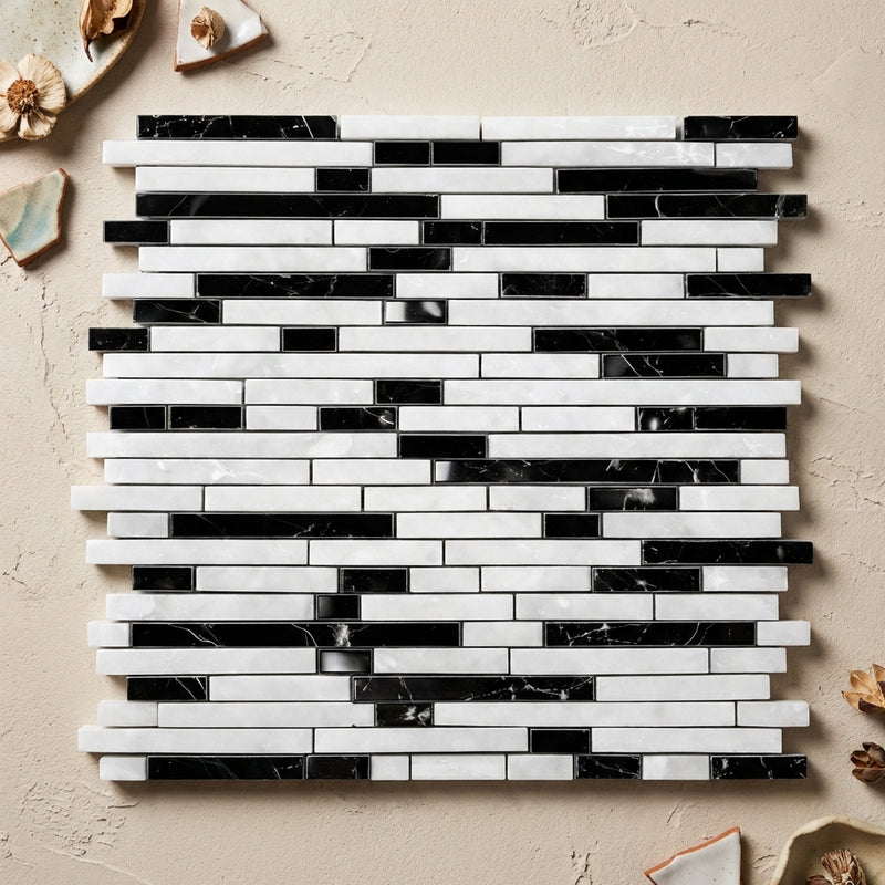 Carrara White (Italian) Marble Polished Bamboo Sticks Mosaic Bamboo Sticks (Thassos + Carrara + Black) Mosaic