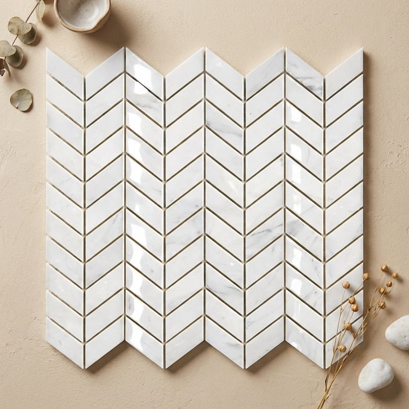 Carrara White (Italian) Marble Polished Chevron Mosaic Chevron (MINI)