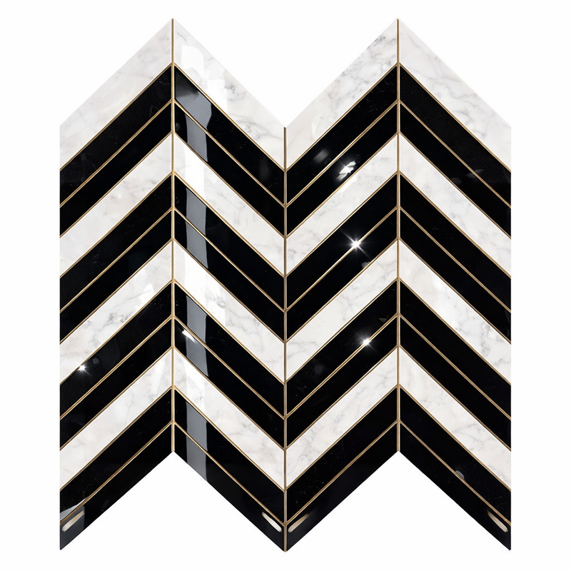 Carrara White (Italian) Marble Polished Chevron Mosaic Chevron (LARGE) (w/ Carrara / Black)