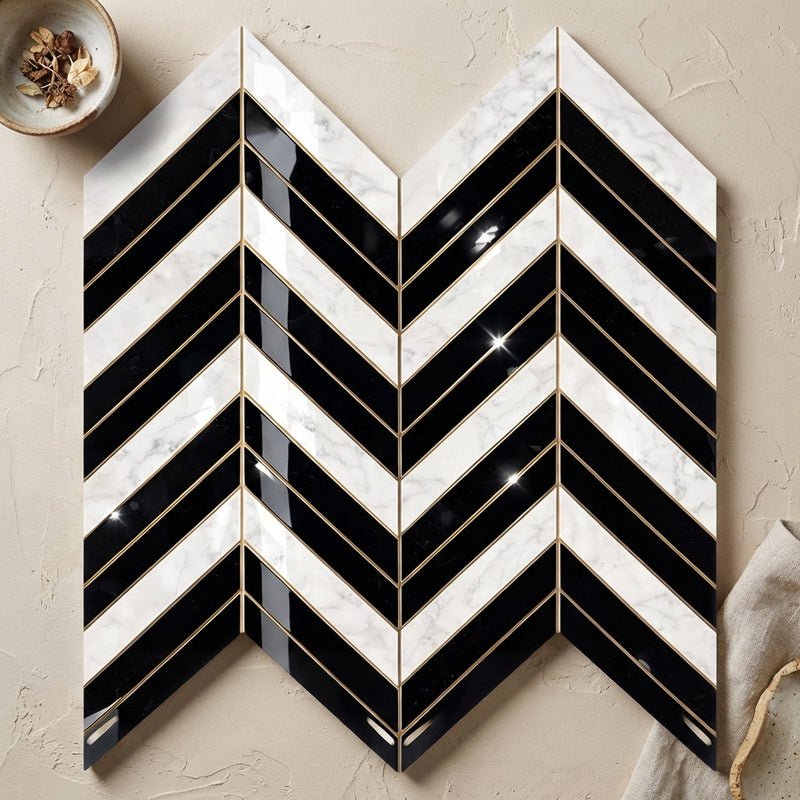 Carrara White (Italian) Marble Polished Chevron Mosaic Chevron (LARGE) (w/ Carrara / Black)