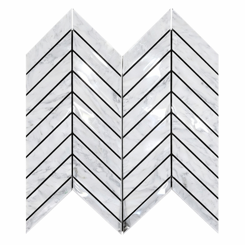 Carrara White (Italian) Marble Polished Chevron Mosaic Chevron (LARGE) (w/ Carrara / Blue-Gray)