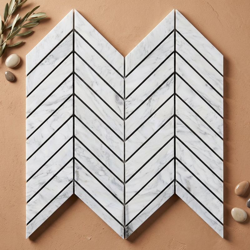 Carrara White (Italian) Marble Polished Chevron Mosaic Chevron (LARGE) (w/ Carrara / Blue-Gray)