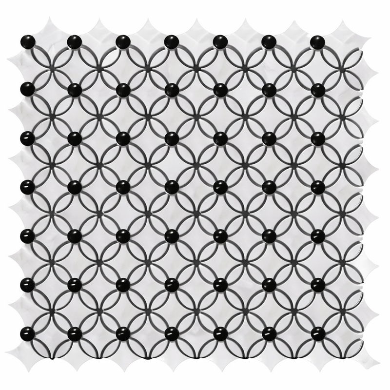 Carrara White (Italian) Marble Polished Florida Flower Mosaic (Thassos + White Carrara (Oval) + Black (Dots))