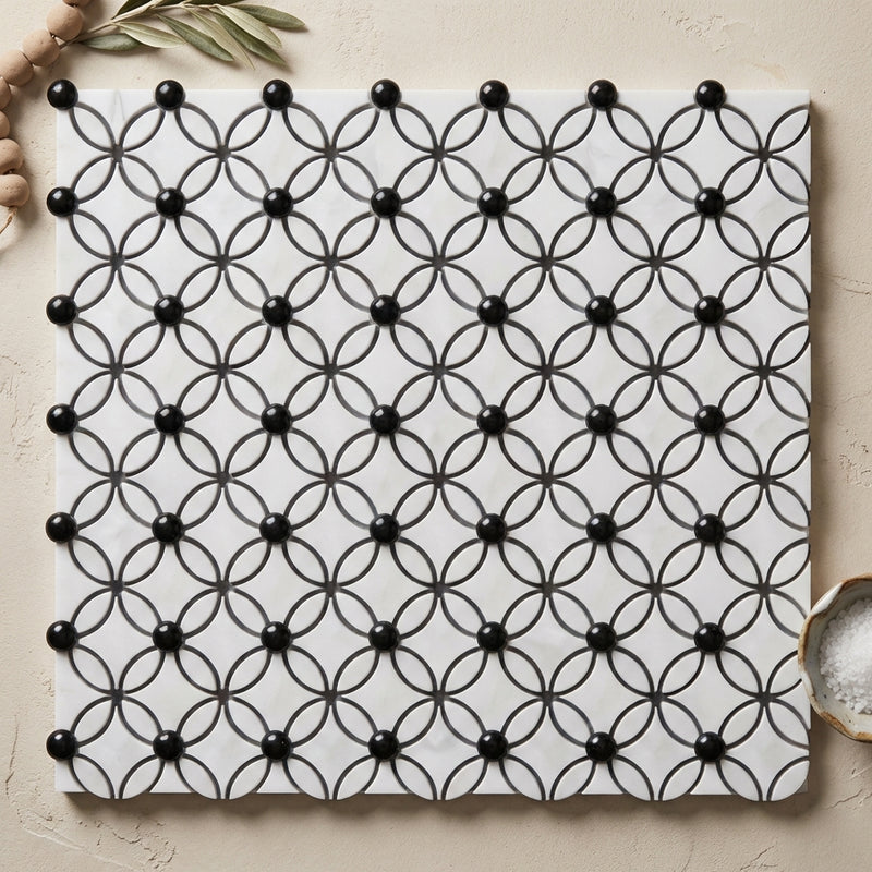 Carrara White (Italian) Marble Polished Florida Flower Mosaic (Thassos + White Carrara (Oval) + Black (Dots))