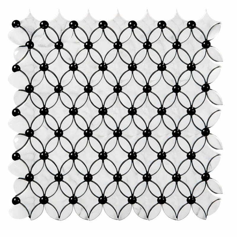 Carrara White (Italian) Marble Polished Florida Flower Mosaic (Thassos + White Carrara (Oval) + Blue-Gray (Dots))