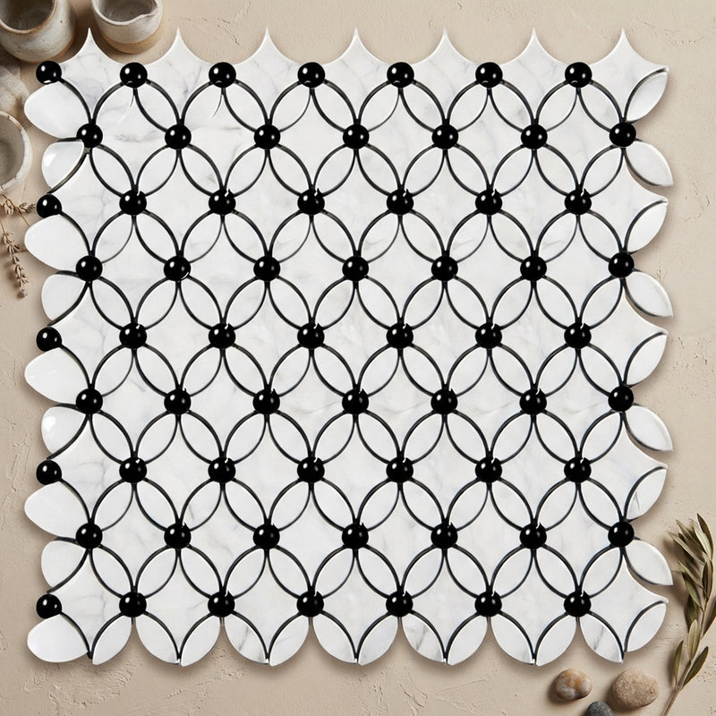 Carrara White (Italian) Marble Polished Florida Flower Mosaic (Thassos + White Carrara (Oval) + Blue-Gray (Dots))