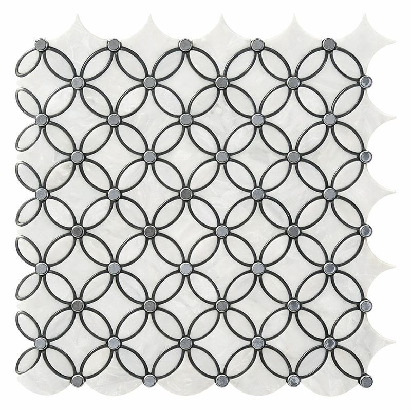 Carrara White (Italian) Marble Polished Florida Flower Mosaic (Thassos + White Carrara (Oval) + Ming Green (Dots))