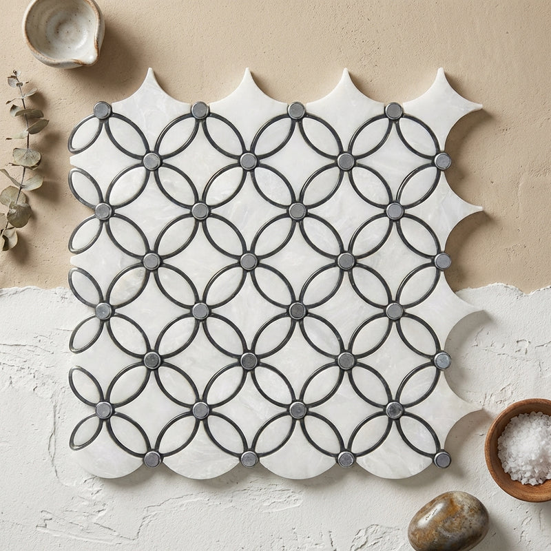 Carrara White (Italian) Marble Polished Florida Flower Mosaic (Thassos + White Carrara (Oval) + Ming Green (Dots))