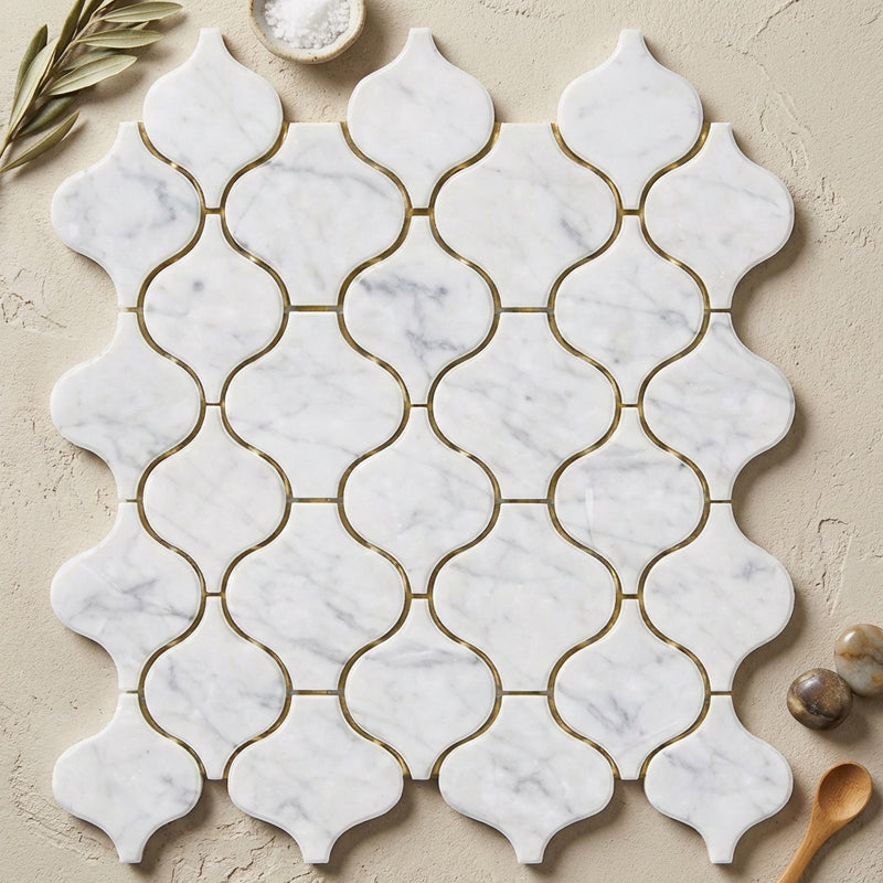 Carrara White (Italian) Marble Polished Lantern Mosaic (3") (Arabesque / Moroccan / Baroque)