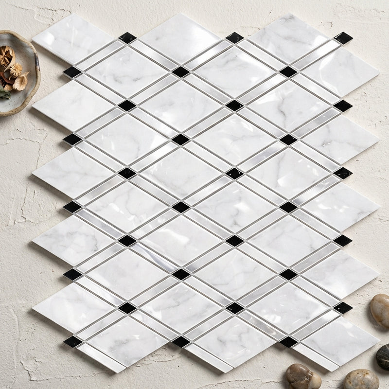 Carrara White (Italian) Marble Polished Mosaic Lattice (Thassos + Carrara White + Black)