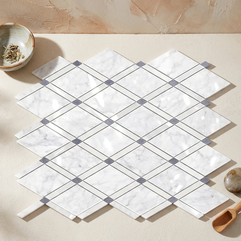 Carrara White (Italian) Marble Polished Mosaic Lattice (Thassos + Carrara White + Blue-Gray)
