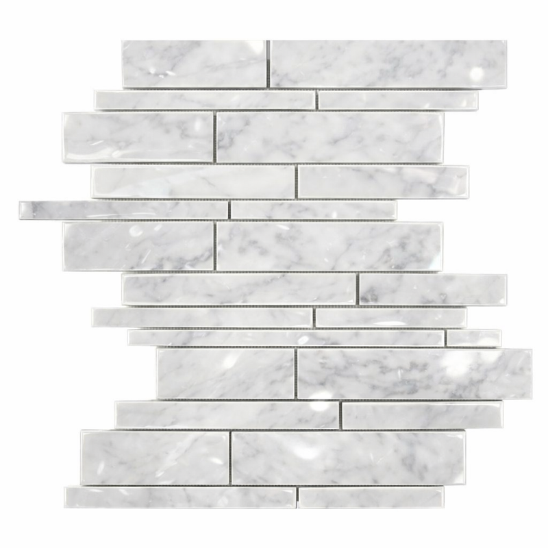 Carrara White (Italian) Marble Polished Manhattan Mosaic Manhattan (Random-Strip) Mosaic